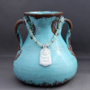 Vintage White Jade Buddha Pendant and Chrysoprose and Bali Silver Necklace